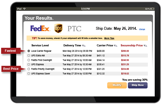 Snapshot of rate comparison